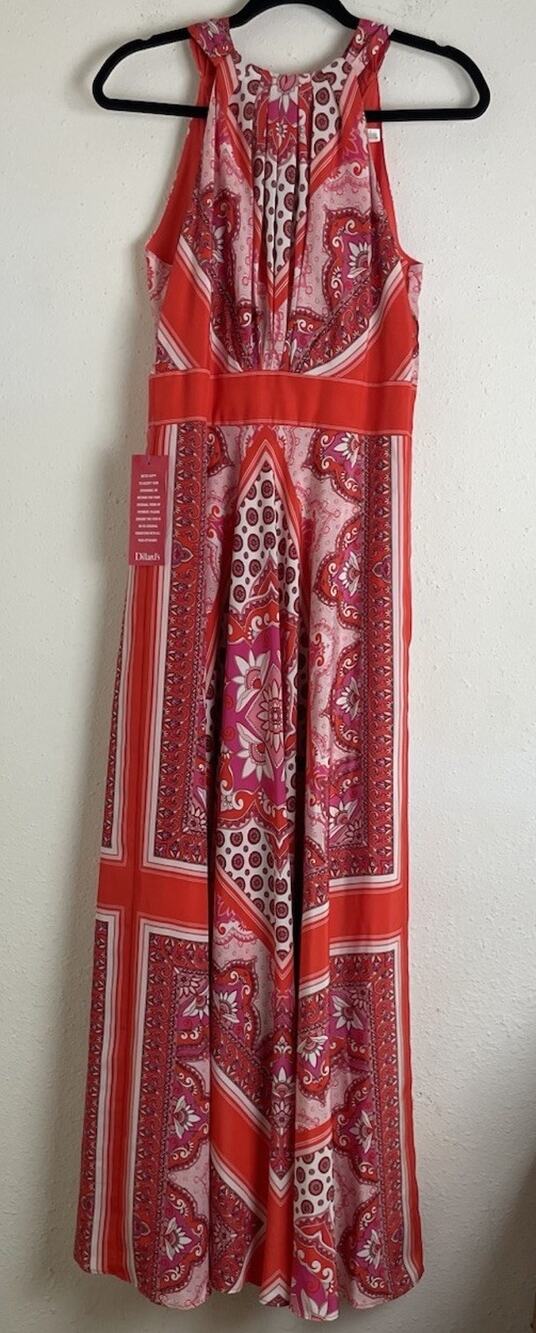 Eliza J Maxi Dress Womens 6 Orange Red Pink Paisley Scarf Print Halter NWT